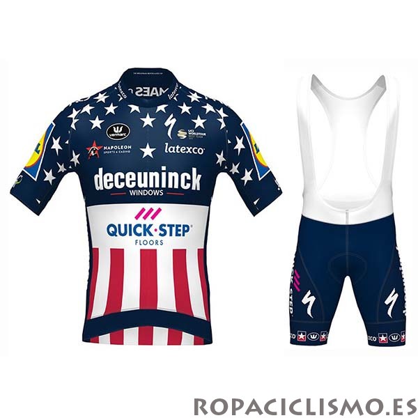 2020 Maillot Deceuninck Quick Step Campeon USA Tirantes Mangas Cortas Azul